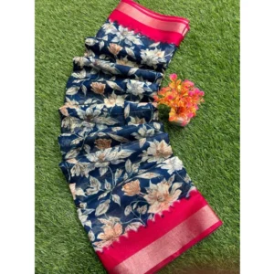linen Printed Saree With Unstitched Blouse (Teal, 5-5 Mtrs)