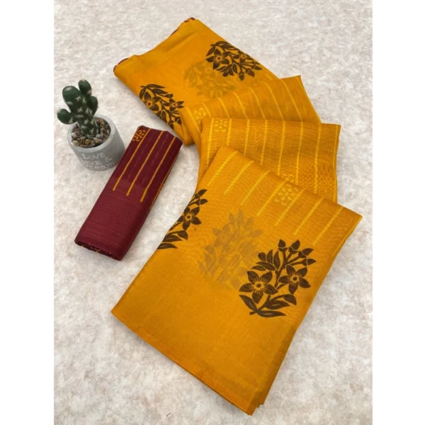 Cotton Blend Printed Saree With Unstitched Blouse (Orange, 5-5 Mtrs)
