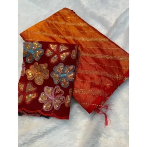 Chiffon Printed Saree With Unstitched Blouse (Orange, 5-5 Mtrs)