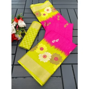 Cotton Blend Printed Saree With Unstitched Blouse (Pink, 5-5 Mtrs)