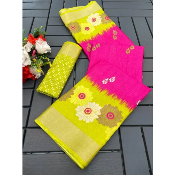 Cotton Blend Printed Saree With Unstitched Blouse (Pink, 5-5 Mtrs)