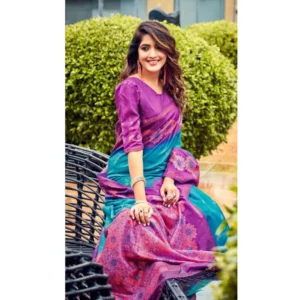 Cotton Blend Printed Saree With Unstitched Blouse (Light Blue, 5-5 Mtrs)
