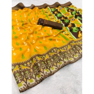 Silk Blend Printed Saree With Unstitched Blouse (Yellow, 5-5 Mtrs)