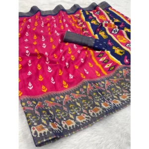 Silk Blend Printed Saree With Unstitched Blouse (Pink, 5-5 Mtrs)