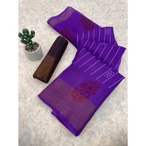 Cotton Blend Printed Saree With Unstitched Blouse (Purple, 5-5 Mtrs)