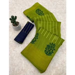 Cotton Blend Printed Saree With Unstitched Blouse (Light Green, 5-5 Mtrs)
