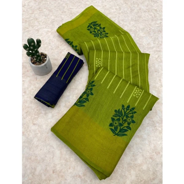 Cotton Blend Printed Saree With Unstitched Blouse (Light Green, 5-5 Mtrs)