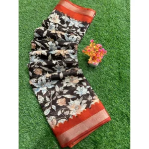 linen Printed Saree With Unstitched Blouse (Black, 5-5 Mtrs)