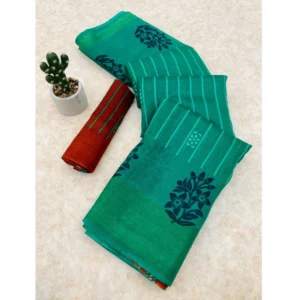 Cotton Blend Printed Saree With Unstitched Blouse (Green, 5-5 Mtrs)