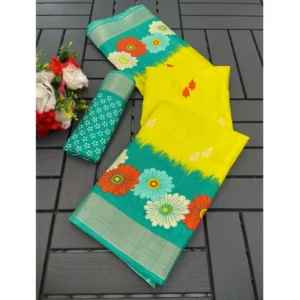 Cotton Blend Printed Saree With Unstitched Blouse (Yellow, 5-5 Mtrs)