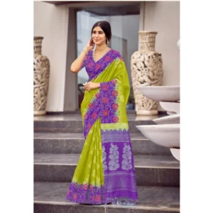 Cotton Blend Printed Saree With Unstitched Blouse (Mehendi, 5-5 Mtrs)