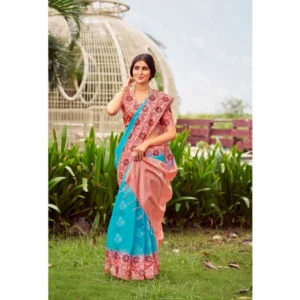 Cotton Blend Printed Saree With Unstitched Blouse (Skyblue, 5-5 Mtrs)