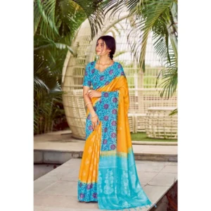 Cotton Blend Printed Saree With Unstitched Blouse (Yellow, 5-5 Mtrs)