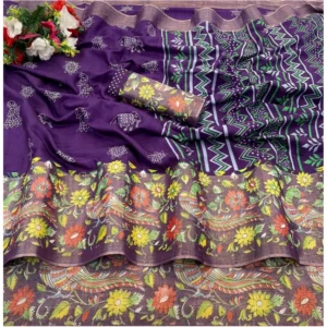 Silk Blend Printed Saree With Unstitched Blouse (Purple, 5-5 Mtrs)