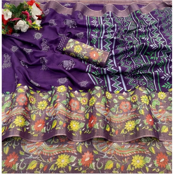 Silk Blend Printed Saree With Unstitched Blouse (Purple, 5-5 Mtrs)
