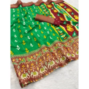Silk Blend Printed Saree With Unstitched Blouse (Green, 5-5 Mtrs)
