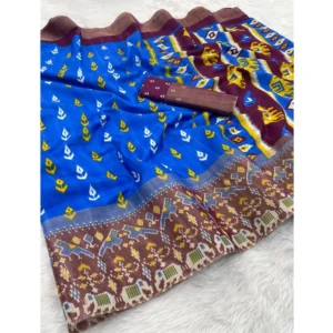 Silk Blend Printed Saree With Unstitched Blouse (Blue, 5-5 Mtrs)