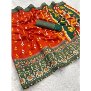 Silk Blend Printed Saree With Unstitched Blouse (Red, 5-5 Mtrs)