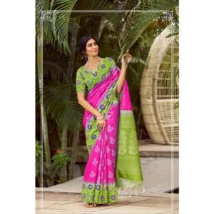 Cotton Blend Printed Saree With Unstitched Blouse (Pink, 5-5 Mtrs)