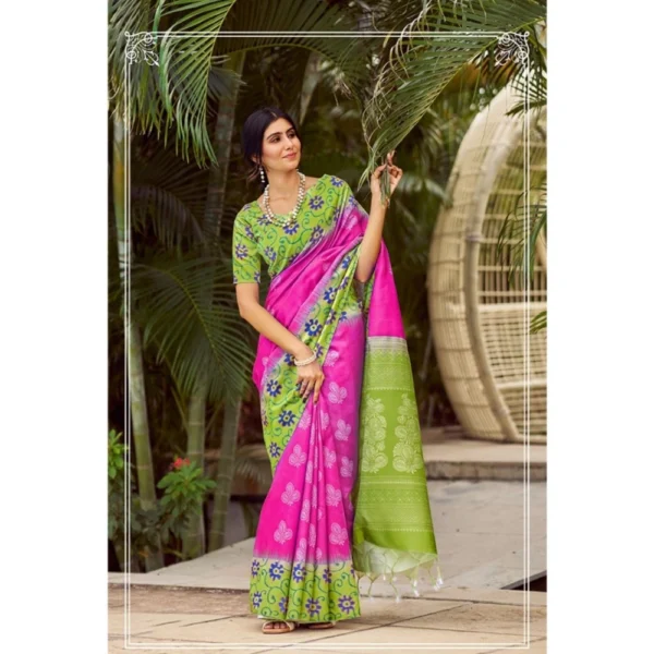 Cotton Blend Printed Saree With Unstitched Blouse (Pink, 5-5 Mtrs)