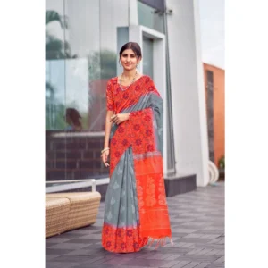 Cotton Blend Printed Saree With Unstitched Blouse (Grey, 5-5 Mtrs)