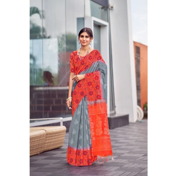 Cotton Blend Printed Saree With Unstitched Blouse (Grey, 5-5 Mtrs)