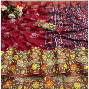 Silk Blend Printed Saree With Unstitched Blouse (Red, 5-5 Mtrs)