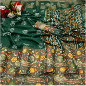 Silk Blend Printed Saree With Unstitched Blouse (Green, 5-5 Mtrs)