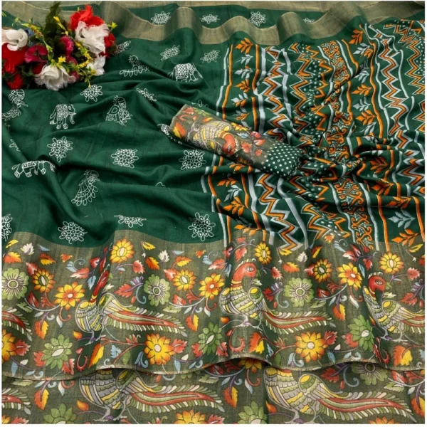 Silk Blend Printed Saree With Unstitched Blouse (Green, 5-5 Mtrs)