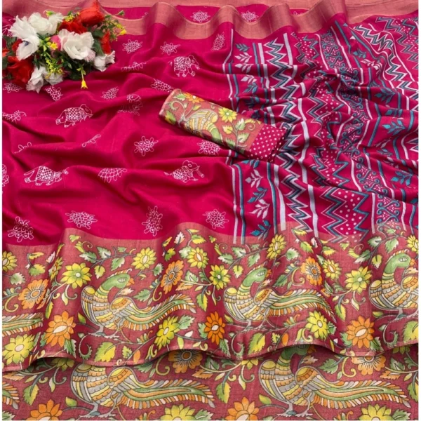 Silk Blend Printed Saree With Unstitched Blouse (Pink, 5-5 Mtrs)