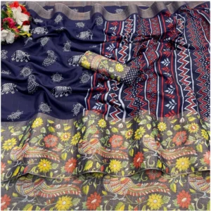 Silk Blend Printed Saree With Unstitched Blouse (Dark Blue, 5-5 Mtrs)