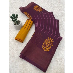 Cotton Blend Printed Saree With Unstitched Blouse (Magenta, 5-5 Mtrs)
