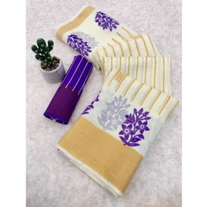 Cotton Blend Printed Saree With Unstitched Blouse (White, 5-5 Mtrs)