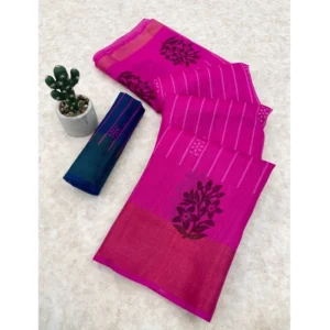 Cotton Blend Printed Saree With Unstitched Blouse (Pink, 5-5 Mtrs)