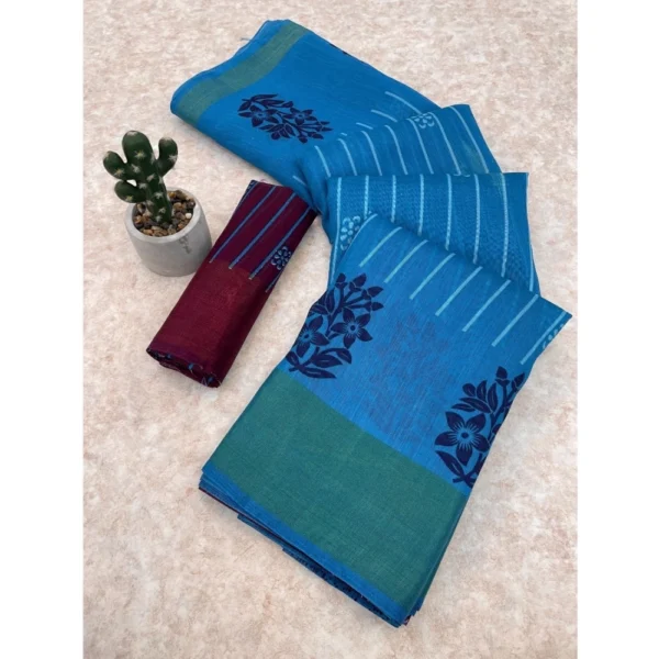 Cotton Blend Printed Saree With Unstitched Blouse (Blue, 5-5 Mtrs)
