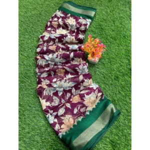 linen Printed Saree With Unstitched Blouse (Magenta, 5-5 Mtrs)