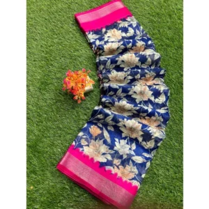 linen Printed Saree With Unstitched Blouse (Blue, 5-5 Mtrs)