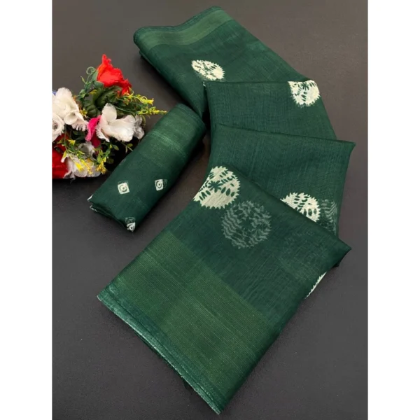Cotton Blend Printed Saree With Unstitched Blouse (Green, 5-5 Mtrs)