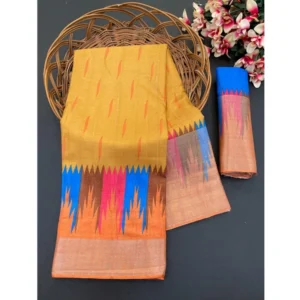 Cotton Blend Printed Saree With Unstitched Blouse (Mustard, 5-5 Mtrs)