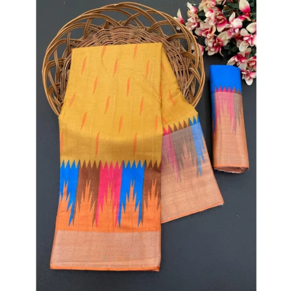 Cotton Blend Printed Saree With Unstitched Blouse (Mustard, 5-5 Mtrs)