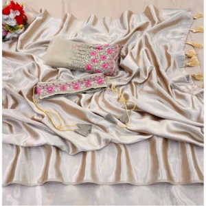 Satin Solid Saree With Unstitched Blouse (Beige, 5-5 Mtrs)