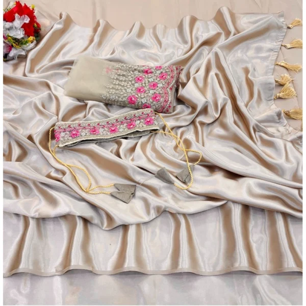 Satin Solid Saree With Unstitched Blouse (Beige, 5-5 Mtrs)