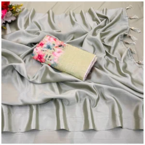 Satin Solid Saree With Unstitched Blouse (Offwhite, 5-5 Mtrs)