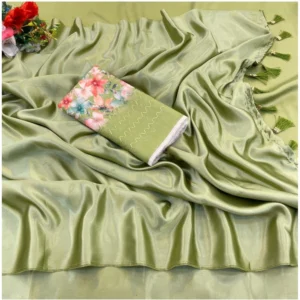 Satin Solid Saree With Unstitched Blouse (Mehendi, 5-5 Mtrs)