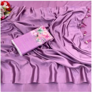 Satin Solid Saree With Unstitched Blouse (Purple, 5-5 Mtrs)