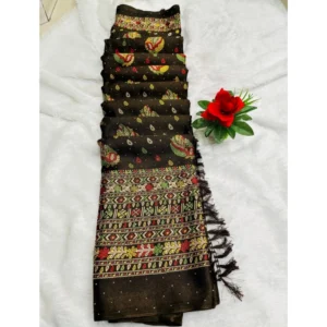 Chiffon Printed Saree With Unstitched Blouse (Mehendi, 5-5 Mtrs)