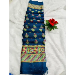 Silk Blend Printed Saree With Unstitched Blouse (Navy, 5-5 Mtrs)