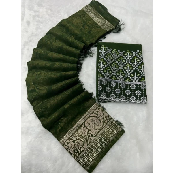 Georgette Printed Saree With Unstitched Blouse (Green, 5-5 Mtrs)