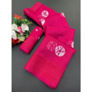 Cotton Blend Printed Saree With Unstitched Blouse (Pink, 5-5 Mtrs)