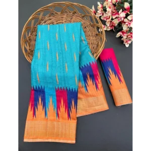 Cotton Blend Printed Saree With Unstitched Blouse (Blue, 5-5 Mtrs)